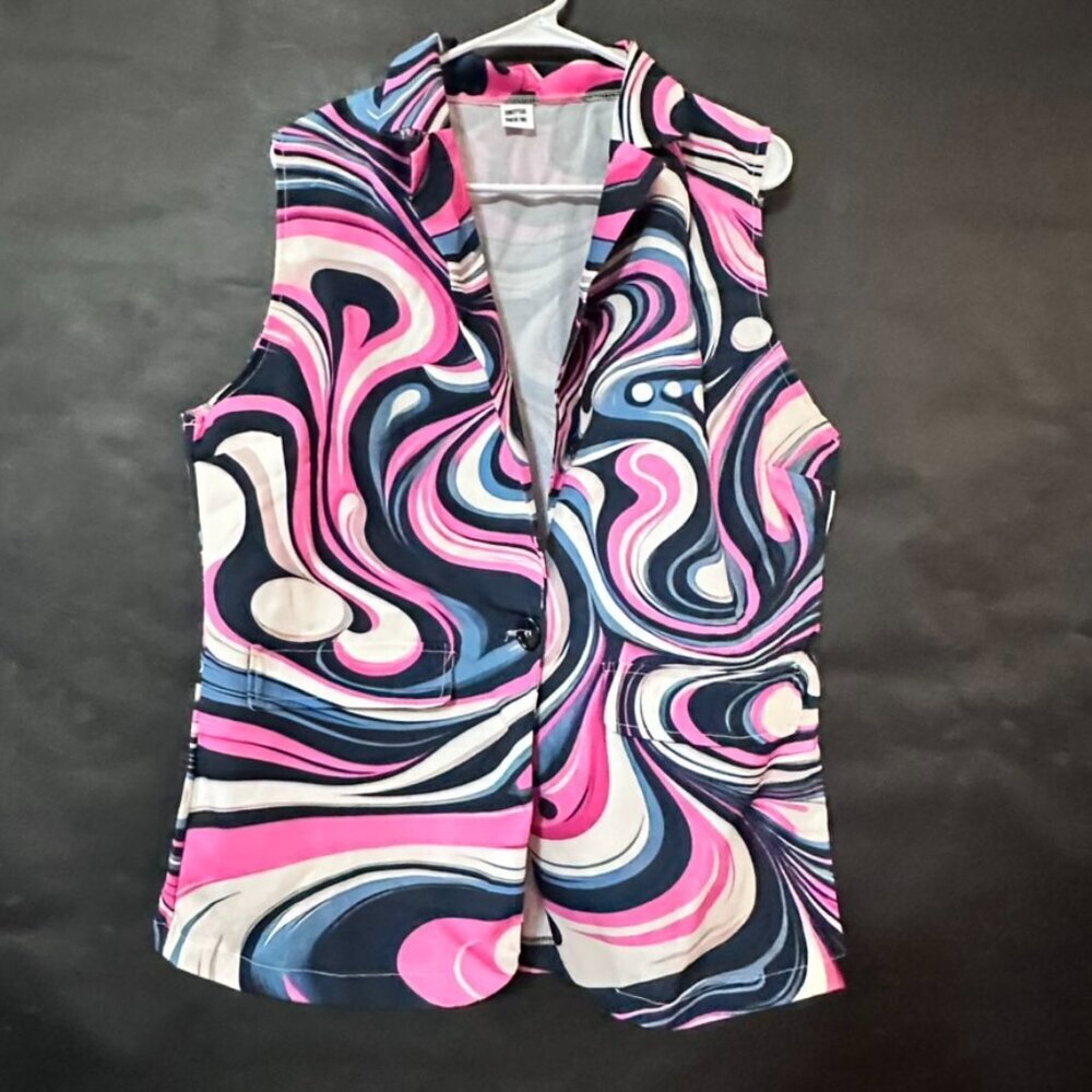 Pink Trippy Marble Vest Size 2XL Button Up Sleeveless Tank Shirt Office Casual - Picture 4 of 8